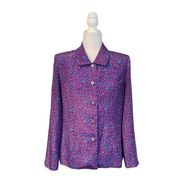 Vintage Leslie Fay Purple Blue Confetti Printed Long Sleeve Button Up Blouse 10