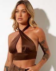 Silta Halter Crop Top In Satin Chocolate