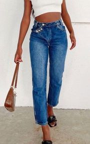 Princess Polly  Asymmetric Exposed Button Fly Medium Wash Mom Jeans