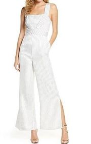 New  Striped Criss Cross Bodice Slit Hem Flared Leg Jumpsuit White Black