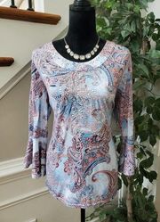 Gloria Vanderbilt Womens Multi Paisley Long Sleeve Round Neck Top Blouse Medium