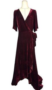 Listicle Dress Size M Burgundy Velvet V-Neck Short Sleeve Asymmetrical Wrap Maxi