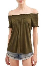 No Boundaries Womens Size Large 11-13 Juniors Smocked Peasant Top Dark Olive New