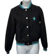 Collectif Black Blue Trim Snap Front Atomic Star Varsity Letter Jacket size XS