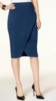 "INTERNATIONAL CONCEPTS" BLUE CASUAL CAREER PENCIL FAUX WRAP SKIRT SZE: 2 NWT