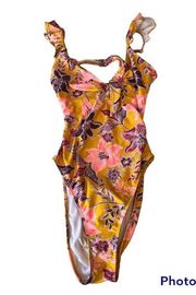 No Boundaries Juniors Size Large Swimsuit Yellow Gold Floral One Piece Open Back