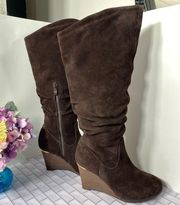 Womens Suede Knee High Sloughy Wedge Boots Size 7M Leather Brown