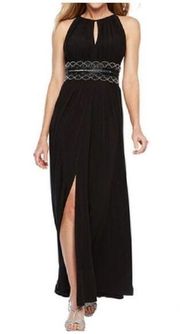 R&M Richards Black Beaded Slitted Sleeveless Maxi Dress Gown