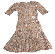 Spartina Dress Womens X Small Tan Floral V Neck Tiered Ruffle Hem Boho Cotton