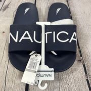 Nautica Life Boat Slides Beach Pool Sandals Peacock/Navy White Lettering 9 NEW
