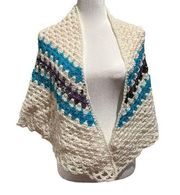 CROCHET SHAWL OPEN BOHO WRAP CREAMY TURQUOISE BLUE GREEN HOMEMADE HANDMADE SHAWL