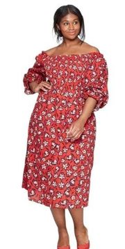 Who What Wear Floral Midi Shirred Smocked Balloon Sleeve Dress Red 1X