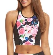 Betsey Johnson Sports Bra Tank Top Crop Floral Roses Cut Out Racerback Size S