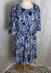 | Floral Blue & White Bell Sleeve Tie Waist Dress