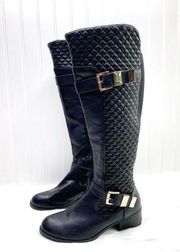 black quilted faux leather buckle riding boots gold hardware zipper size 9