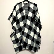 Black and White Plaid Ruana Western Boho Shawl Wrap One Size