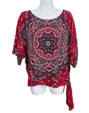 Red Dolman Sleeve Bohemian Mandala Print Side Tie Rayon Blouse XL