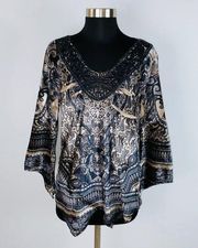 One World Crochet V Neck Velvet Paisley Top