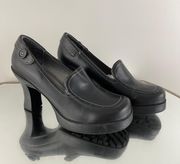 . Vintage Y2K 90’s Black Faux Leather Button Chunky Platform Heeled Mules