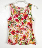 J. CREW Factory Linen Blend Tropical Print Peplum Hem Side Zip V-Neck Top