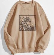 SheIn Great Waves Khaki Graphic Printed Oversized Fleece Sweatshirt - Unisex