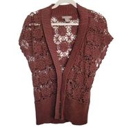 Kenar Womens Size M Brown Bohemian Crochet Knit Short Sleeve Cardigan