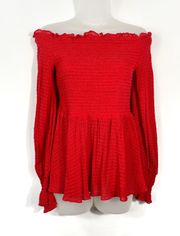 Boutique Red Off The Shoulder Smocked Top Textured Long Sleeve Blouse