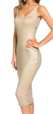 Hera Collection Ribbed Sleeveless Tank Bodycon Midi Dress: Metallic Gold