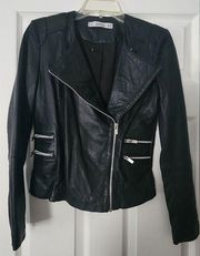 NWOT Mango Black 100% Genuine Leather Zipper Moto Jacket Coat Size XXS