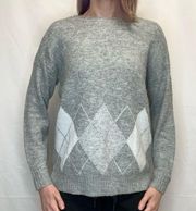 Elle Women's Argyle Long Sleeve Sweater Grey Gray White Silver S SM Small Cozy