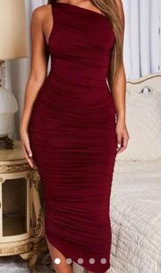 Burgundy Ruched Midi Dress