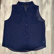 Sleeveless Navy Sheer Blouse Red Hearts Print Collared Button Size XL