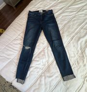 le high raw hem distressed dark wash skinny jeans 29