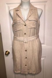 Sim & Sam Size L Linen Blend lined Sleeveless Button Up Shirt Dress with Belt