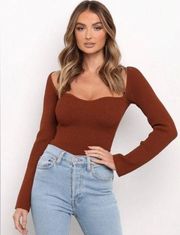 Petal & Pup Aquerelle Ribbed Knit Sweater Blouse Sweetheart Neck Top Brown 10