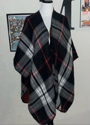 Woolrich Reversible Plaid cape wrap red black checkered, black, red, white plaid
