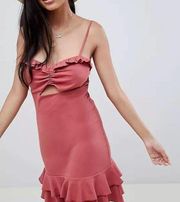 Peplum Hem Cut Out Red Pink Spaghetti Strap Mini Bodycon Sundress, Size 6