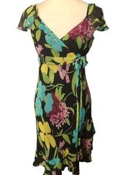 Nine West silk floral tiered asymmetrical capped chiffon sleeve dress