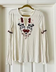 White Long Sleeve Floral Embroidered Keyhole Blouse