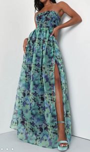 Wonderful Waltz Green Floral Print Strapless Bustier Maxi Dress