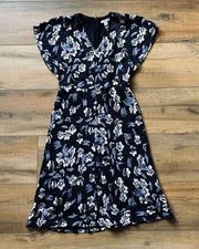 Lewit Dress Blouson 2 Midi Navy Blue Women's Flare Flowy Floral V Neck Short Sle