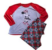 NWOT- Adorable Minnie Mouse pajamas, two piece set, top is gray and red with Minnie Mouse on the front, red green & white plaid flannel pants, elastic waist, perfect condition, brand new, size 2x Measurements: Top Bust: armpit to armpit 28 inches  Length: shoulder seam to bottom 29 1/2 Bottoms: Waist: side to side 19-27 inches  Inseam: 29 inches