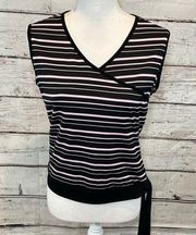 ZN Sleeveless Top Crossover Front w Side Tie Striped Black/Pink-Medium