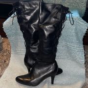 Knee High Tiara Black Leather Boots Size 7