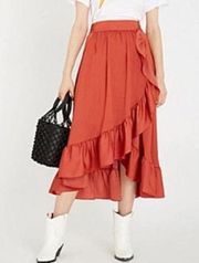 Elle Asymmetrical wrap effect ruffled midi skirt size medium