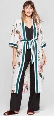 A new day *NO BELT* White floral kimono duster robe green trim size XS…