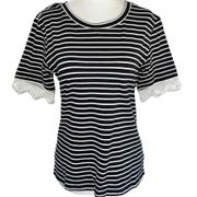 New  Lace Trim Short Sleeve Striped T-Shirt Black White