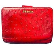 PRADA Red Ostrich Leather Zip Around Wallet Bag Cardholder with COA ~ RARE