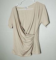 MaxMara Beige Short Sleeved Gathered Ruched Side V-neck Blouse Size Extra Small