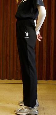 x Playboy Black Boyfriend Fit Wide Leg Embroidered Bunny Logo Pants NWT